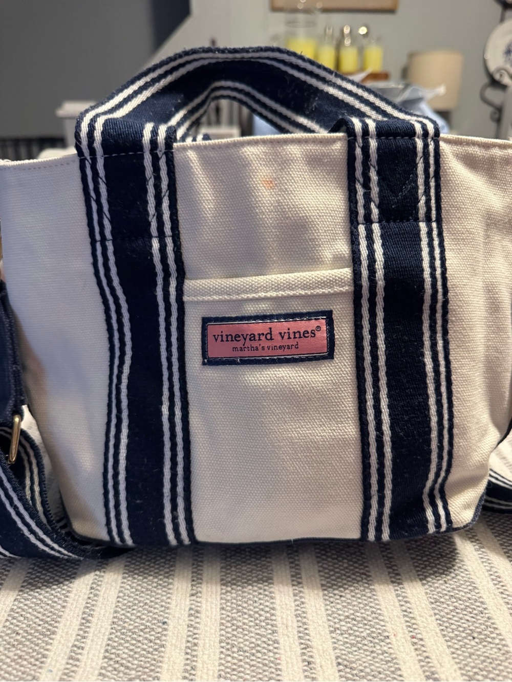 Vineyard Vines Navy and Cream Canvas Tote with Pink Logo Patch